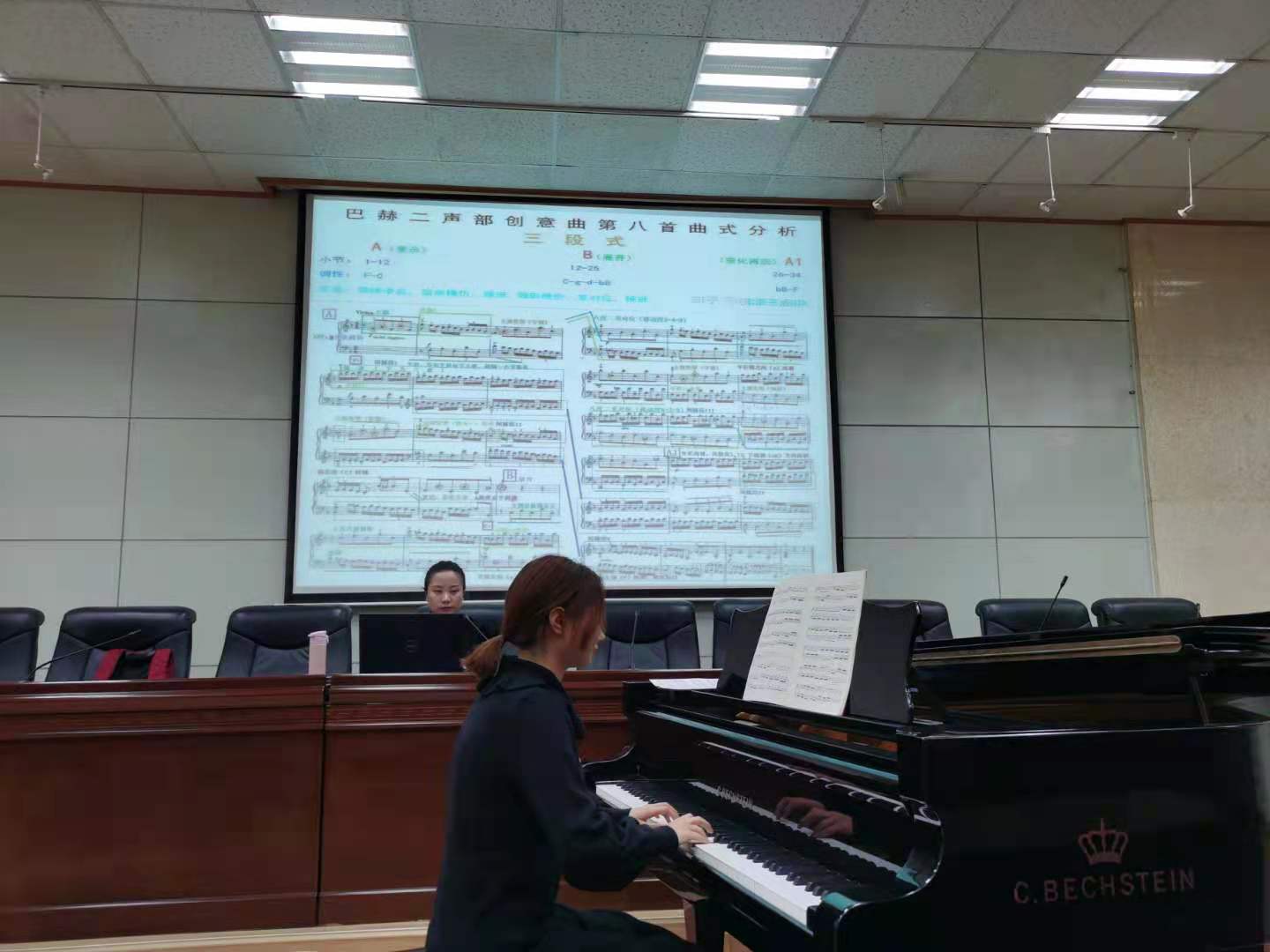 人站在鋼琴前低可信度描述已自動生成